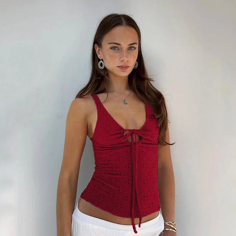 Lace-up Color Hole Top Slim Knitted Top