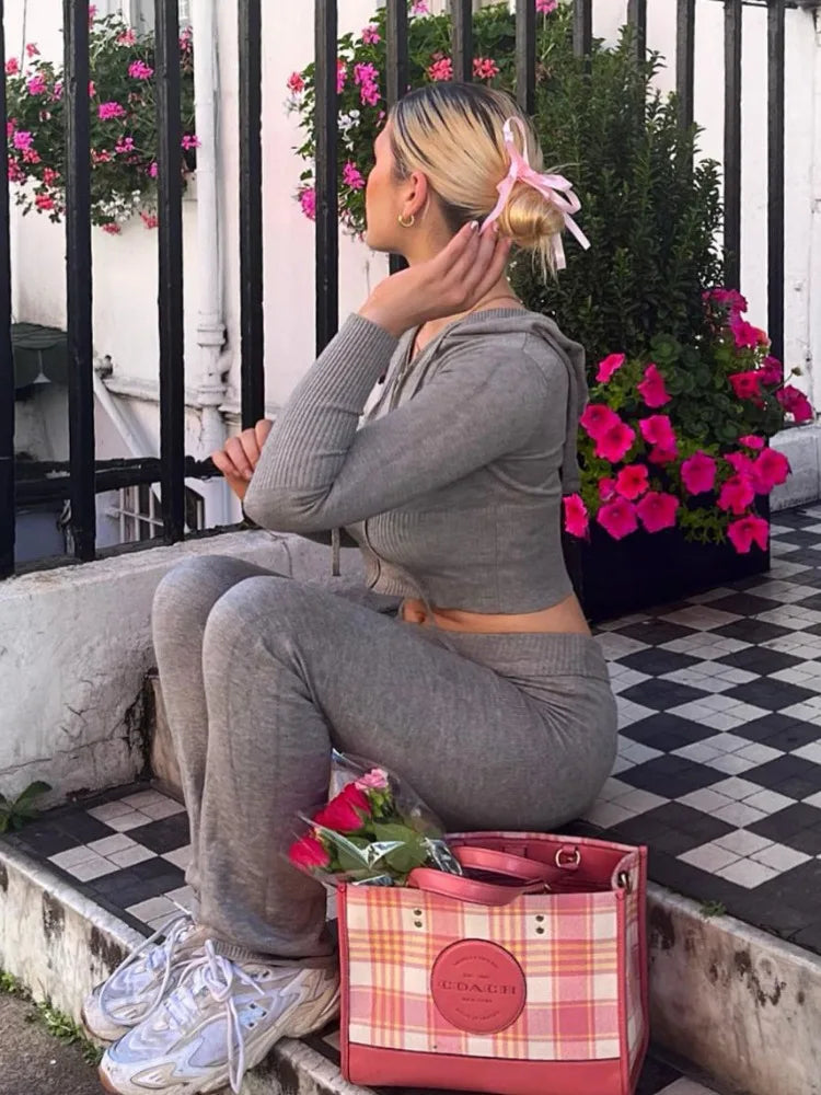 Knit 2 Piece-Set Trousers Hoodie Tracksuit Crop top Knit And Pants Sets Trousers