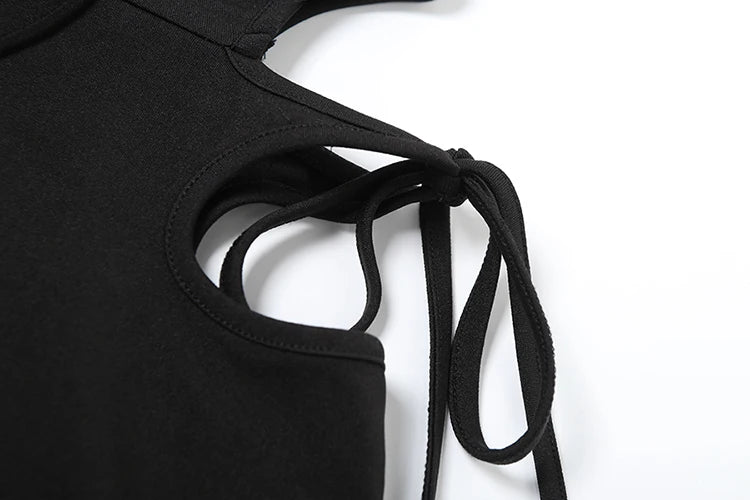 Hollow Metal Rings Dress Lace-Up Cross Backless Lace Edges Tassel Slim Sleeveless Midnight Mini Bodycon