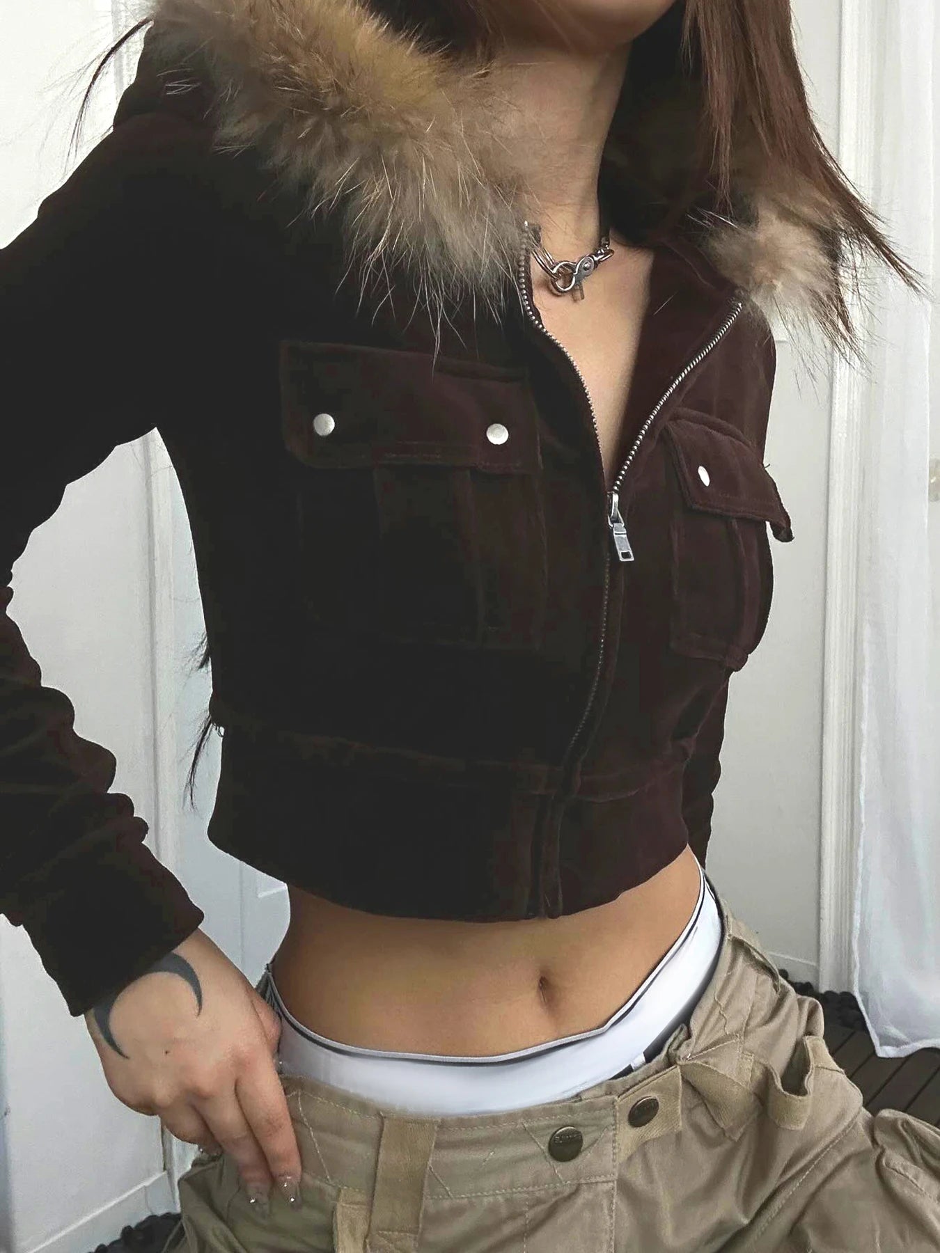 Pockets Fur Collar Short Jackets Zip Up Hoodies Coats