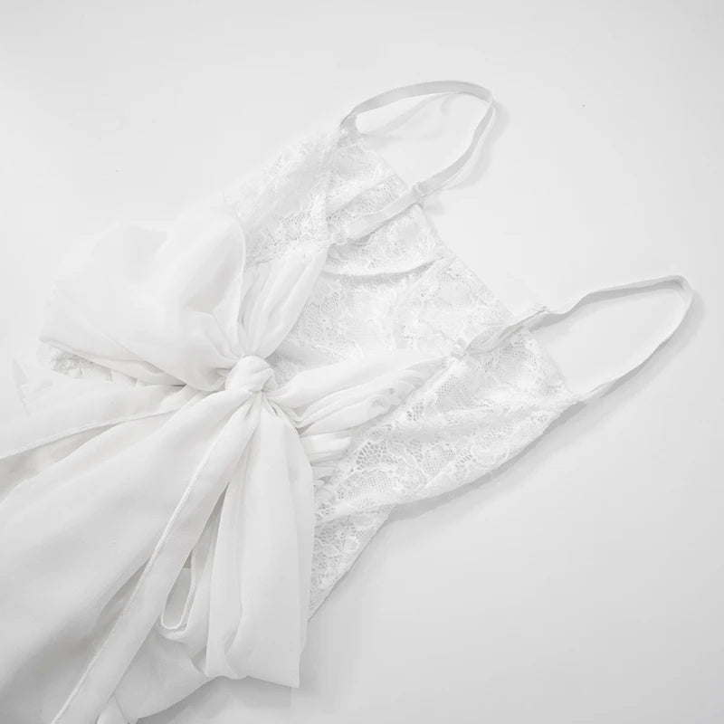 'S Slim Lace Patchwork See-Through Back Mesh Three-Dimensional Bow Camisole Top Bustier Skirt Set