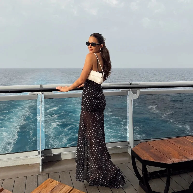 Black Backless V-Neck Polka Dot Maxi Dress