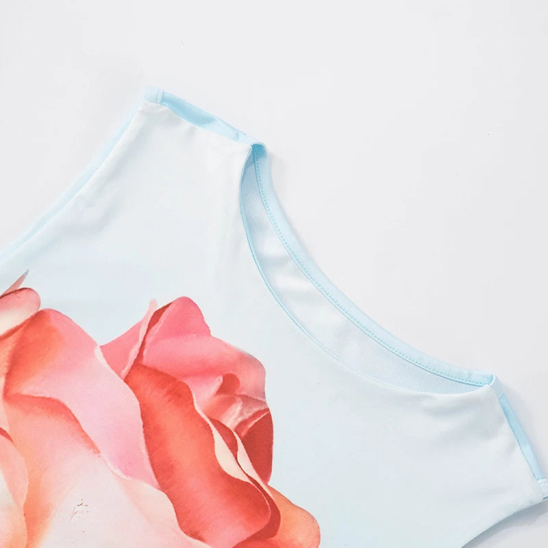 Spring And 'S Round Neck Flowers Printed Net Tie Slim Thin Tank Top Tank