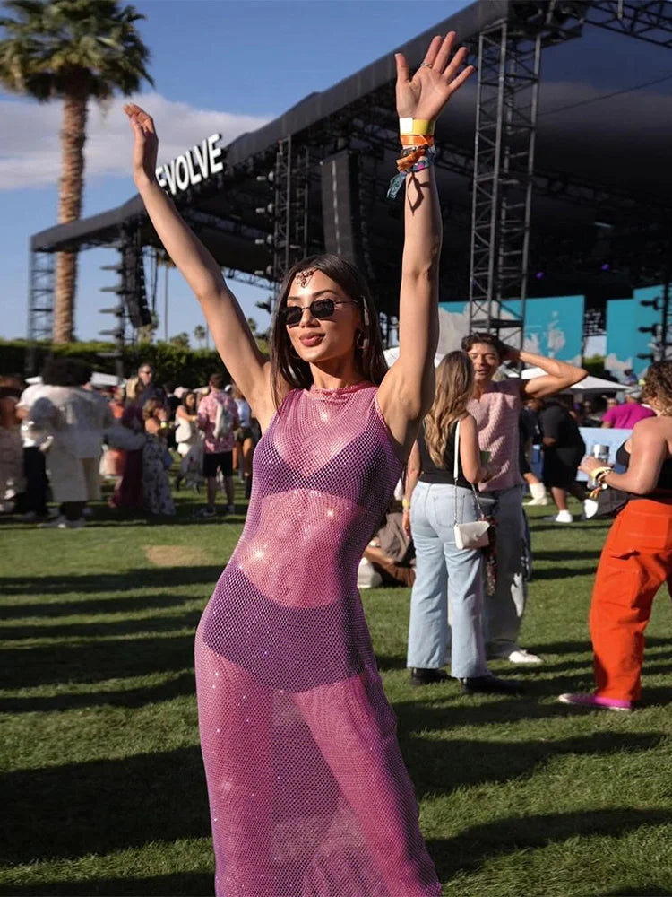 Shiny Meh Dress See Through Sleevele O-neck Straight Long