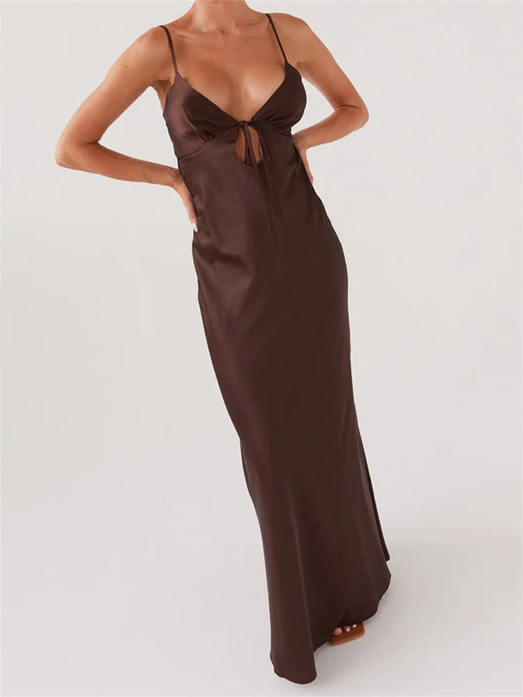 Dress Color Sleeveless Strap V-neck Front Tie-Up Backless Long Dress Slim