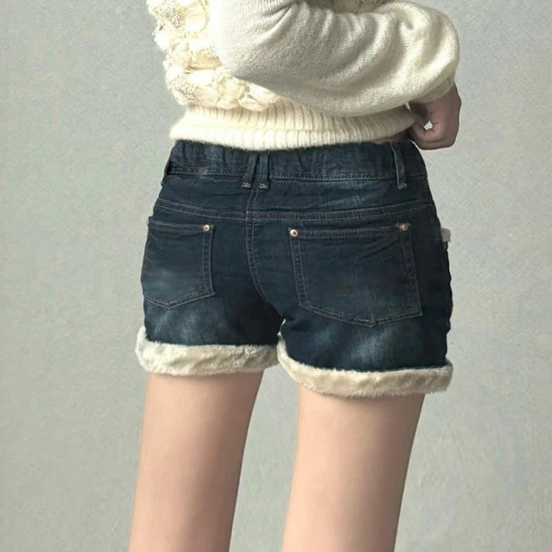 Fur Patchwork Denim Shorts Low Waisted Bottoms Cotton Pants