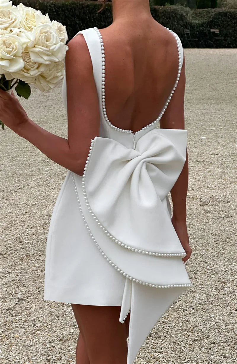 Pearl Bow Backless Mini Dress Zipper Sleeveless High Waist A-line Dress