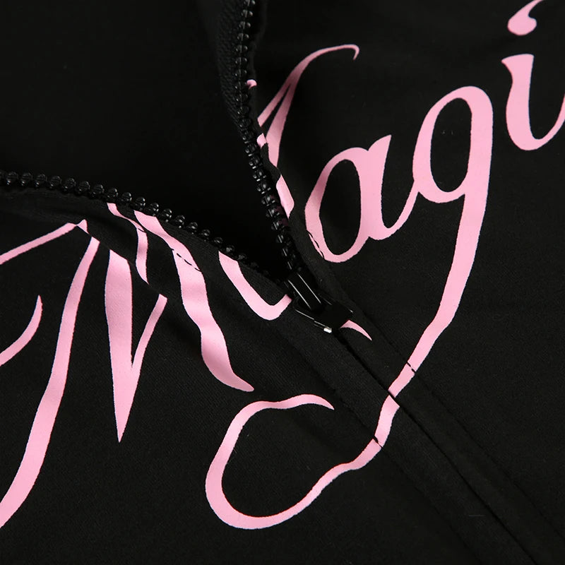 Letter Print Zipper Hooded Jackets Slim Coats