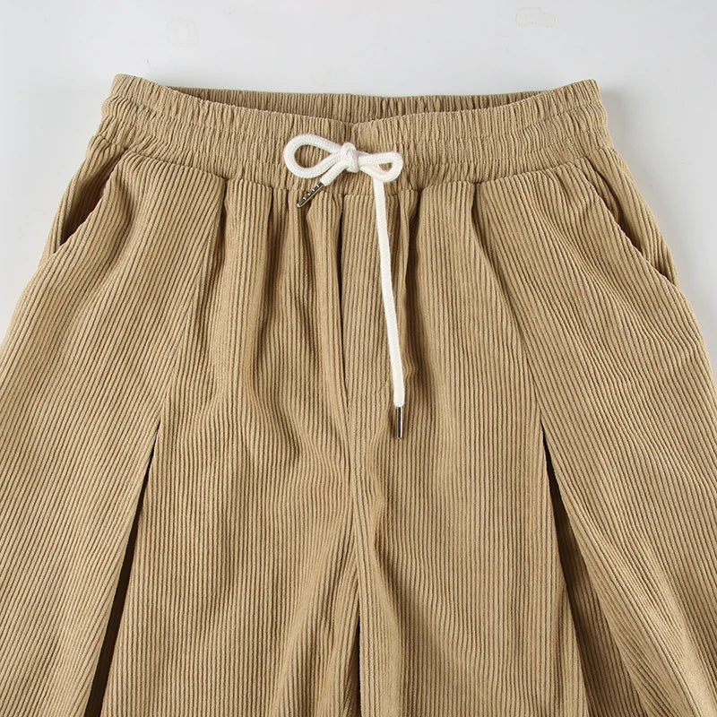 Baggy Corduroy Pants Drawstring Wide Leg Trousers Retro Bottoms