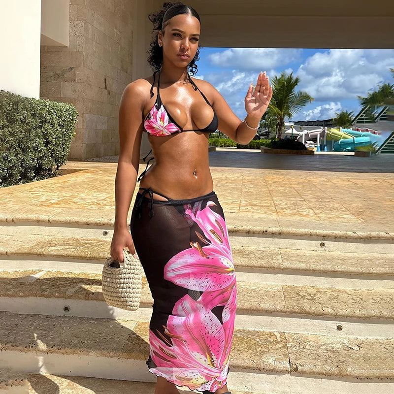 Halter Bikini Swimuit Three Piece Set Dress