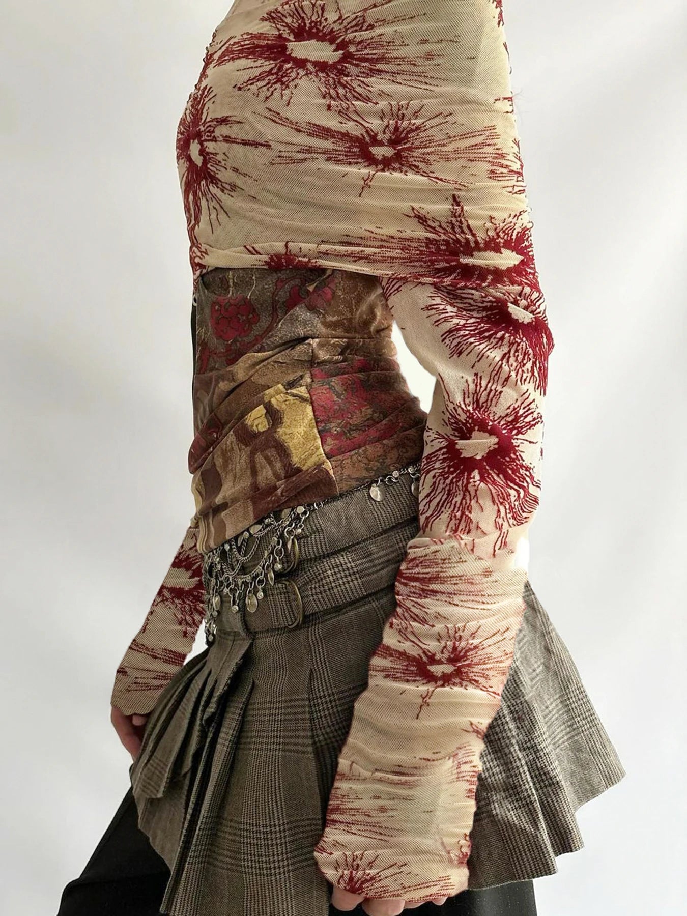 Printed Mesh Patchwork Top Slash Neck Slim Long Sleeves Shirts Y2k