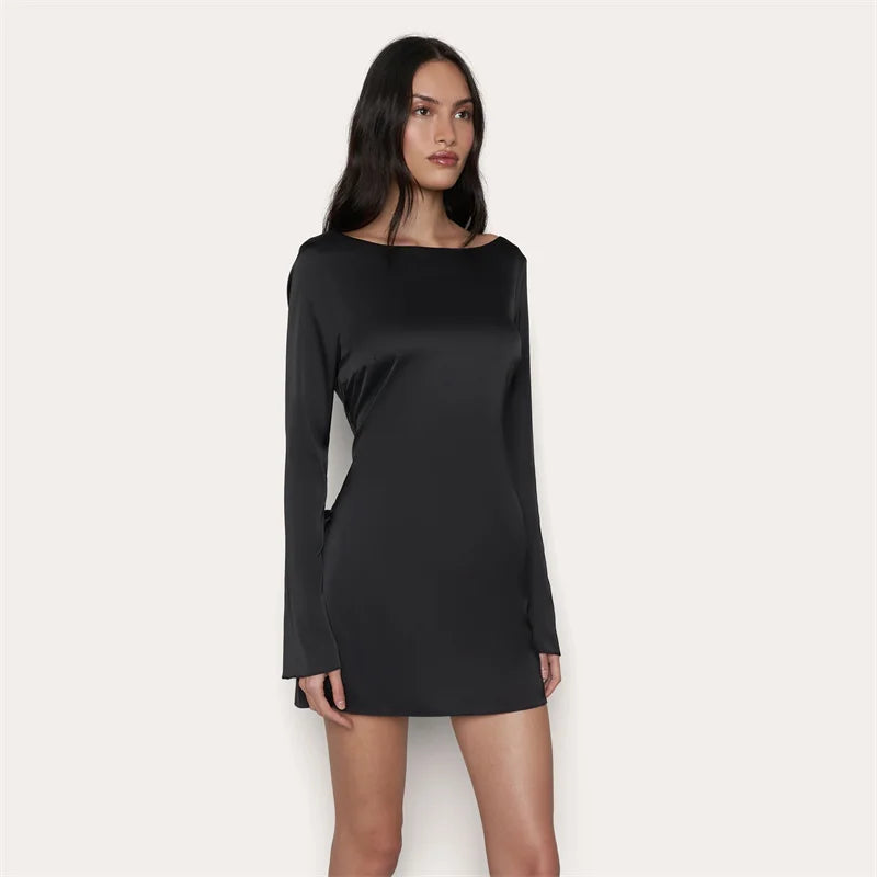 Satin Hollow Out Backless O-Neck Dress Long Sleeve Pullover Slim Fit Short Night Dress