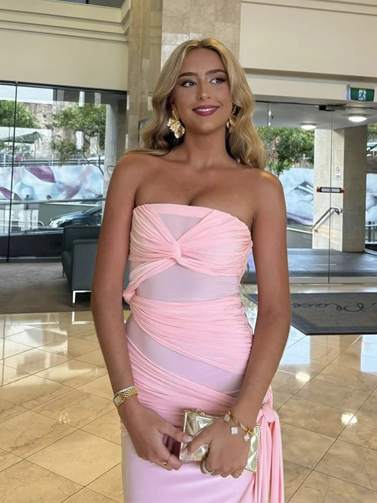 Backless Dress Ruched Chest Wrap Cross Bandage Sleeveless Tassel Street Slits Long Bodycon