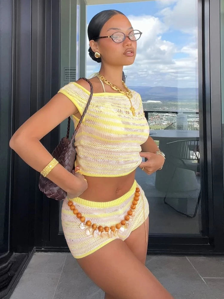 Crochet Two Piece Set Thin Hollow Tank Top Shorts Stretch Matching