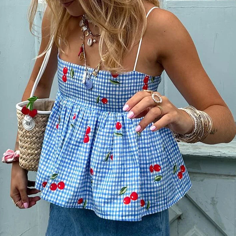 Fairycore Backless Tie Up Crop Tops Cherry Plaid Peplum Camisole Sweet Cute Milkmaid Tank Vest