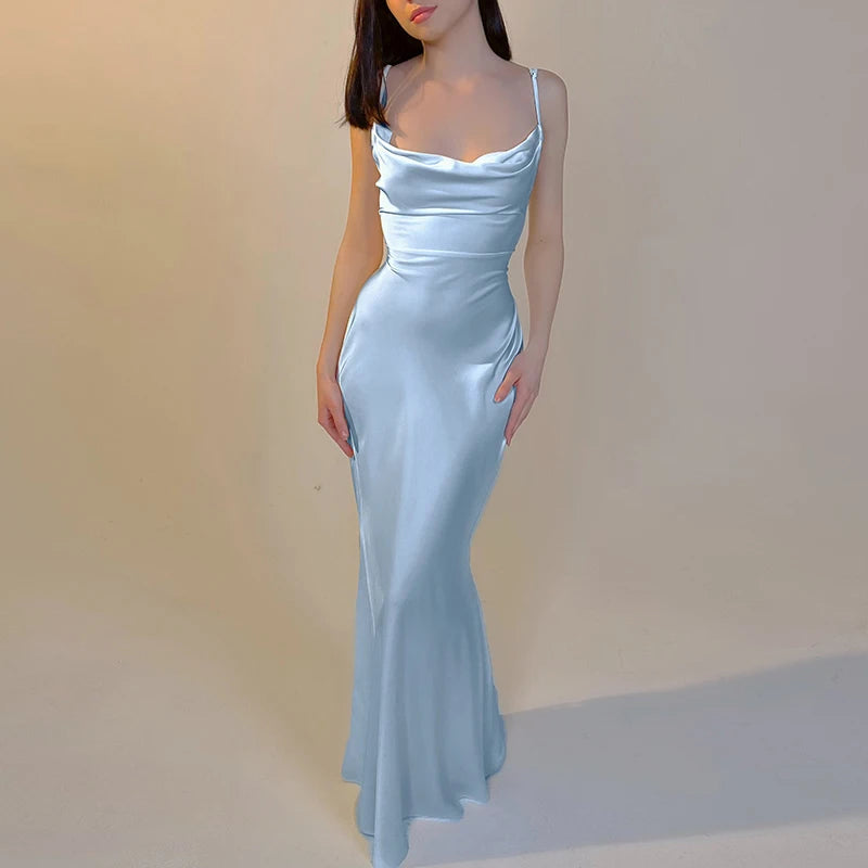 Satin Ruched Slim Sheath Maxi Dress