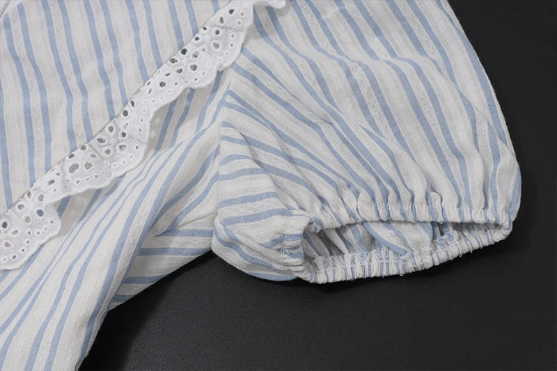 Blue Stripe Puff Sleeve A line Mini Dress