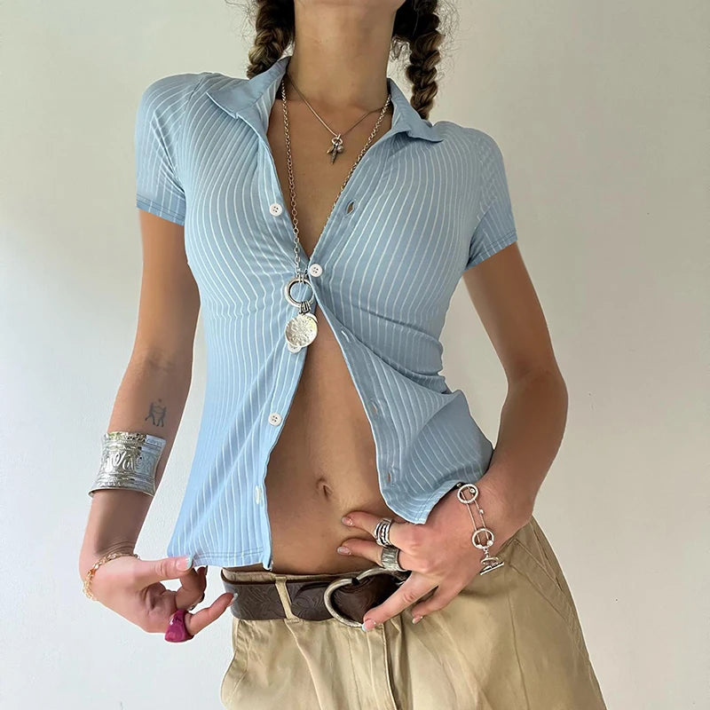 Button Up Tee Shirts Striped Print Short Sleeves 's Top