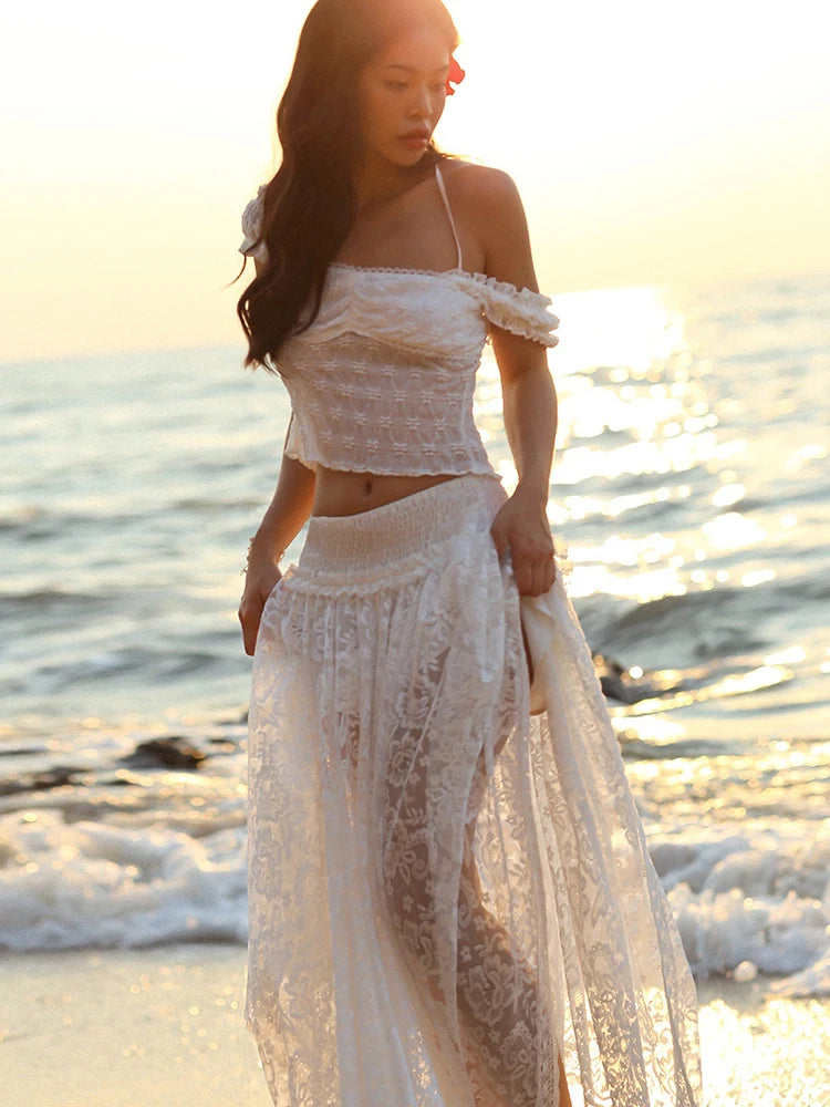 Patchwork Two-Piece Set Lace Crop Top High Slits Skinny Skirt Matching