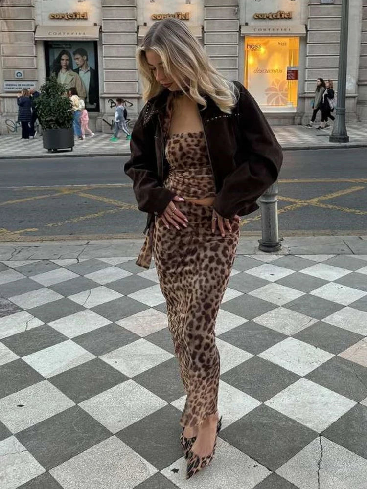 Leopard Print Two Piece Skirt Suit with Strapless Design