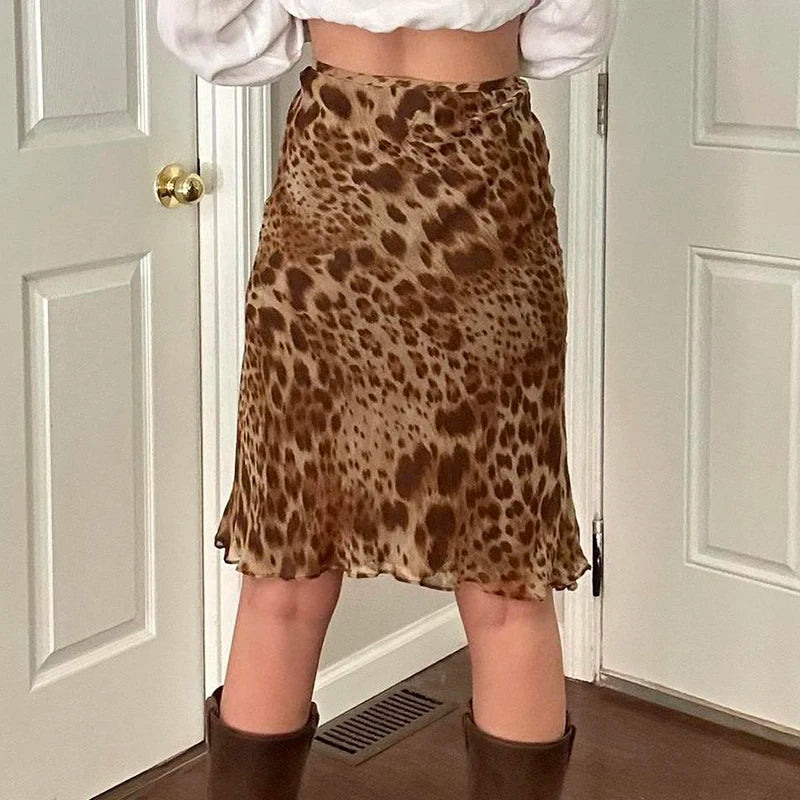 Leopard Skirt Two-layer Straight Bottom Elatic Wait Skirt