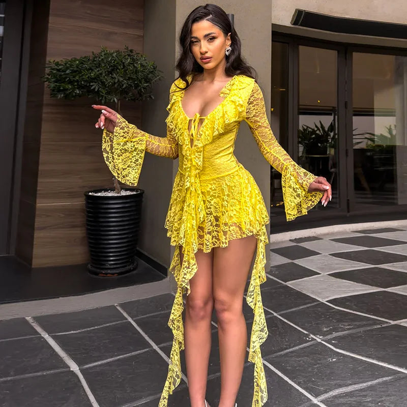 Spring 'S Dress Patchwork Lace Ribbon Ruffle Tie Rope Hollow Out Flare Long-Sleeved Mini Dress