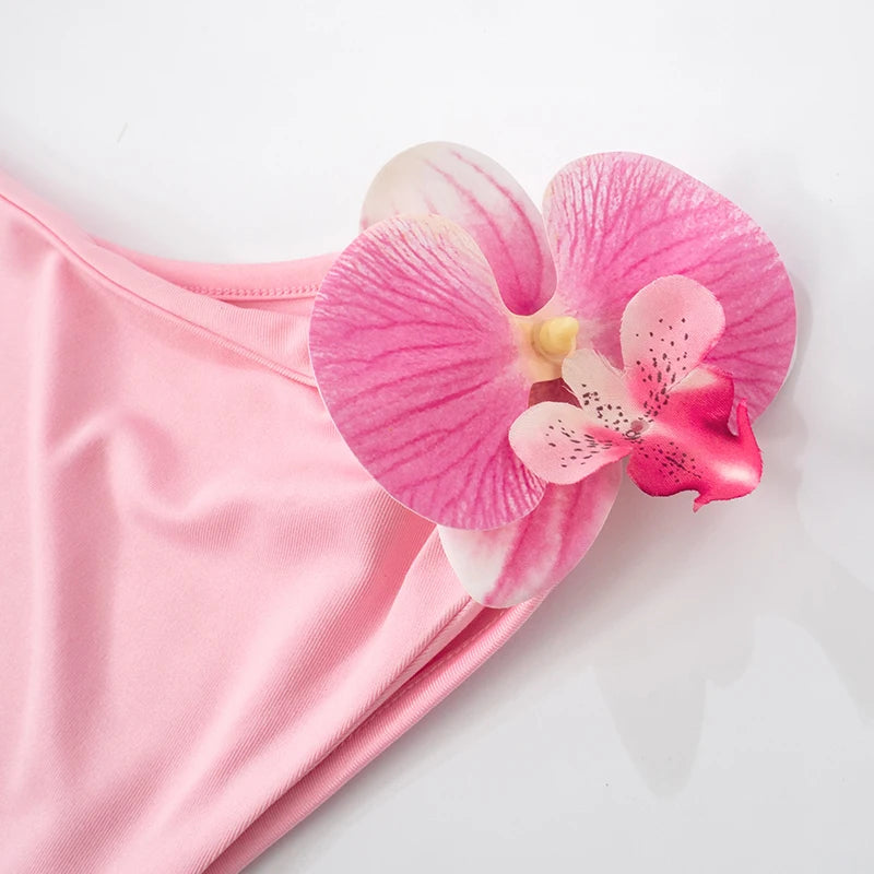 And Color Slant Shoulder Pullover Sleeveless Stereoscopic Flower Decoration Pleated Short