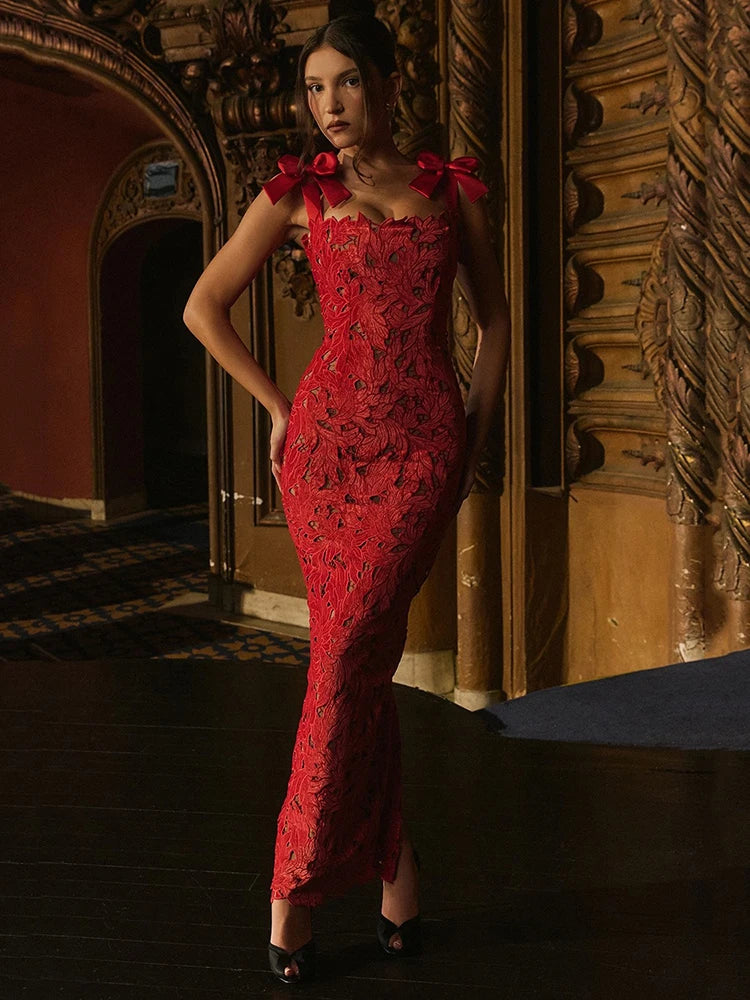Bows Lace Maxi Dress Sleeveless Backless Bodycon Year Long Dress