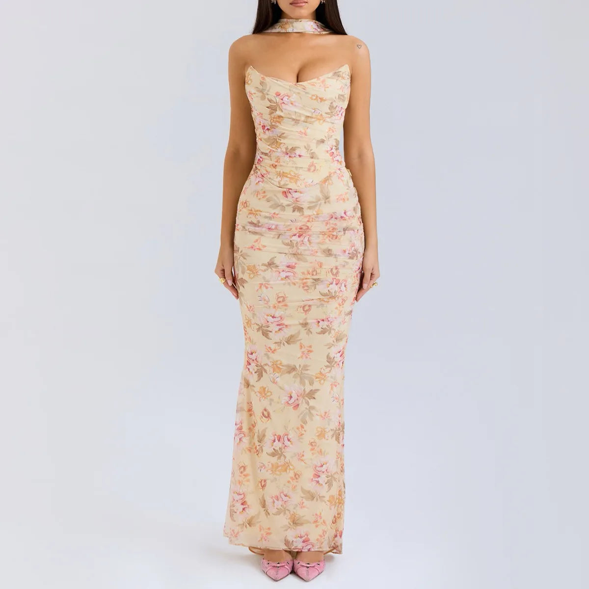 2 Pieces Dress Set with Scarf Matching Sets Cropped Top and Long Dress Set Casual Dress