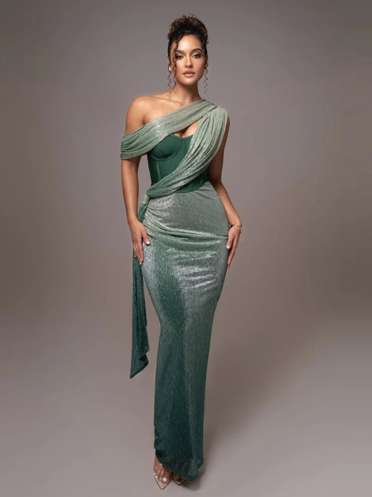 One Shoulder Draped Glitter Long Dress Brown Corset Sparkly Backless Bodycon Maxi Dresses Evening Gowns