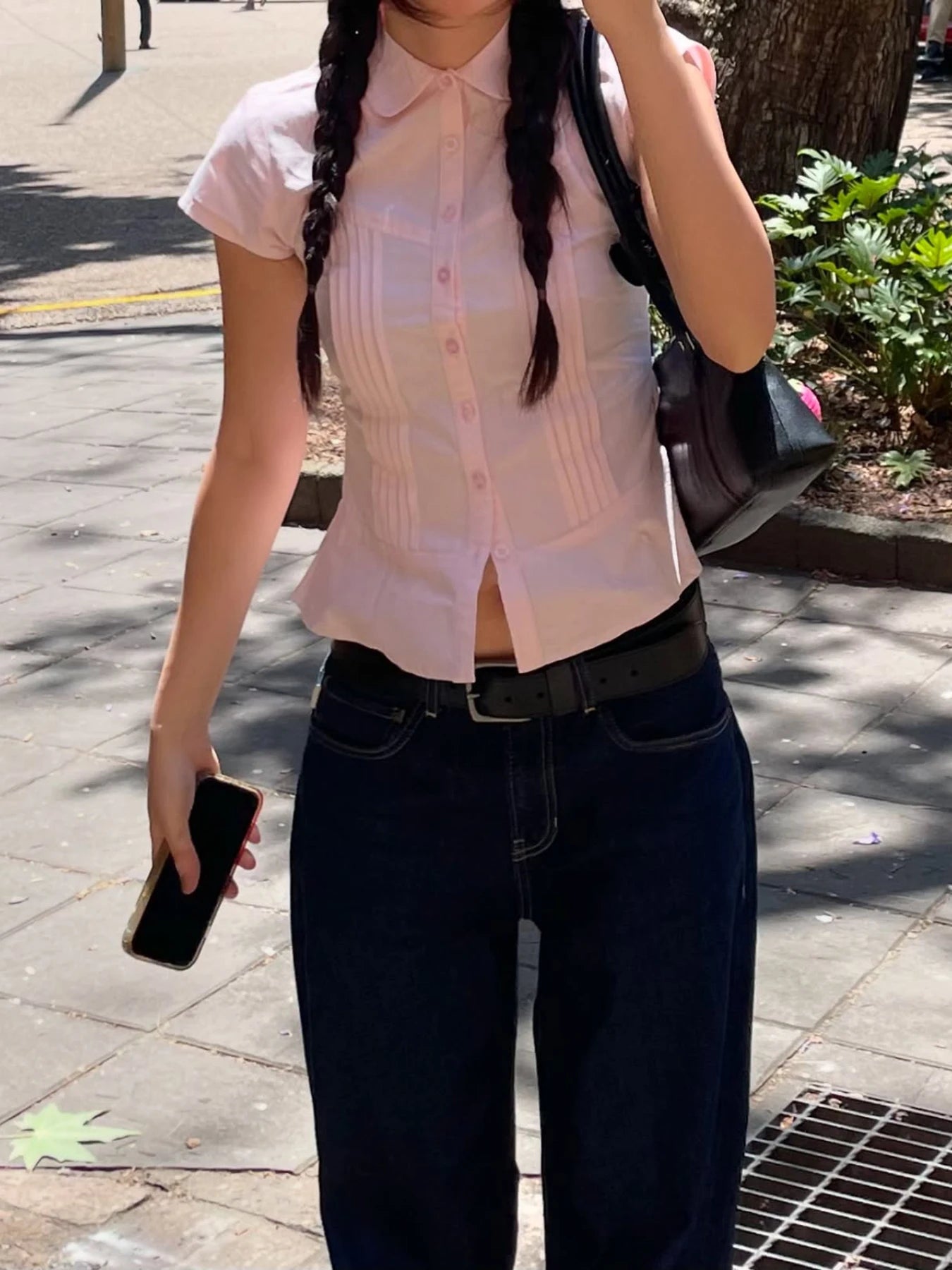 Turn-Down Collar Button-Up Corset Blouse 's Tee Shirt Short Sleeve Top