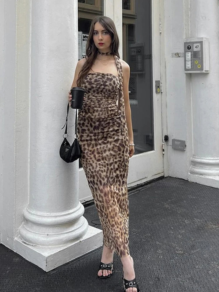Leopard Print Two Piece Skirt Suit with Strapless Design