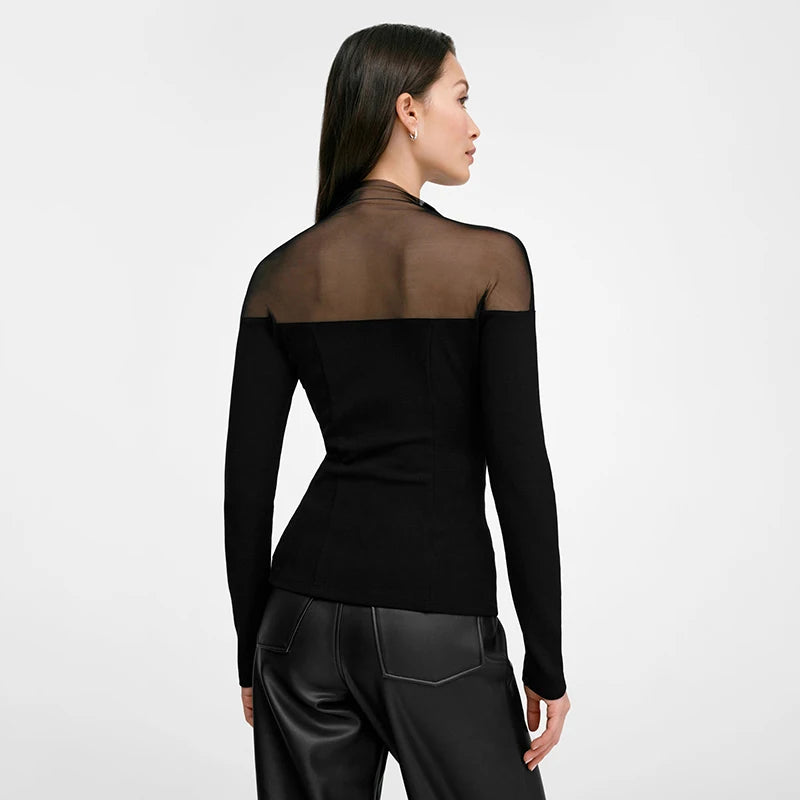 Meh Patchwork Slim Long Sleeve Bottom Top See-Through Shoulder Pullover Top