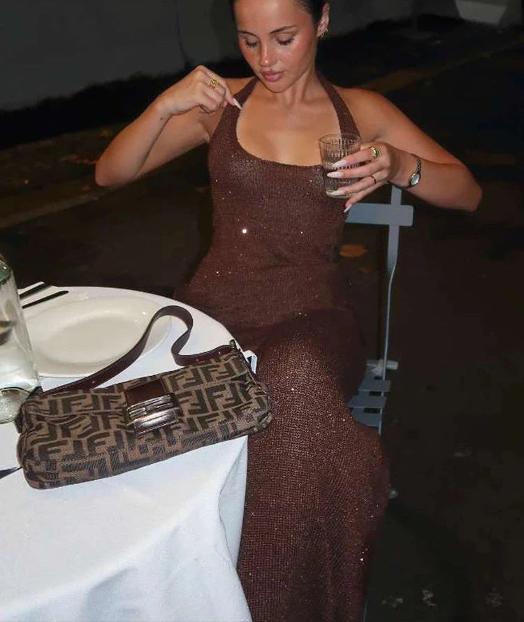 Halter See Through Dress Sequins Backless Sleeveless Solid Slim