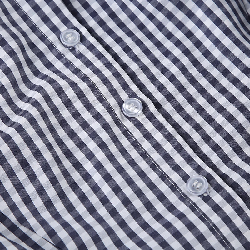 American Retro Short Sleeve Plaid Shirts Button Up Turn Down Collar Preppy Tops