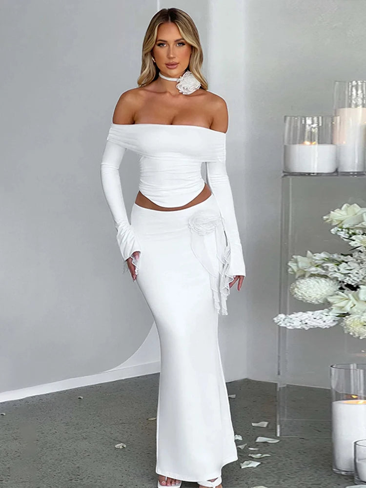 3D Flower Off Shoulder Crop Top Maxi Skirt Set