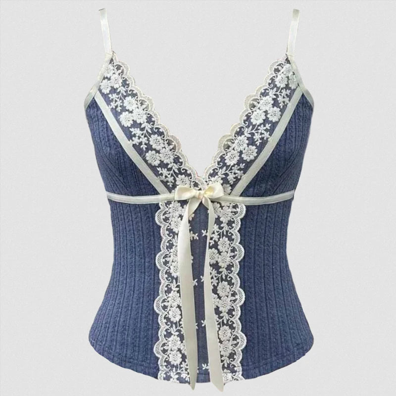 Ribbon Bow Lace V-Neck Top