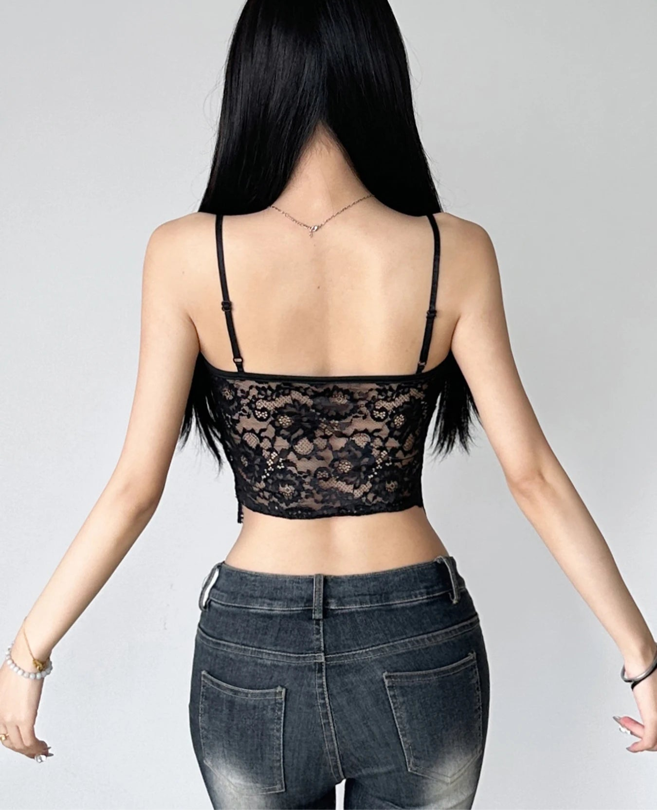 Lace Split Camis Top See Through Hollow Out Deep V-Neck Sleeveless Crop Top