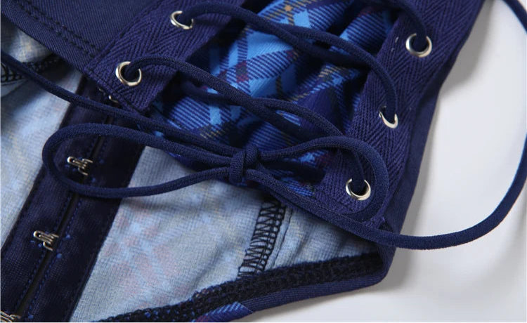 Blue Plaid Print Deep V-Neck Top