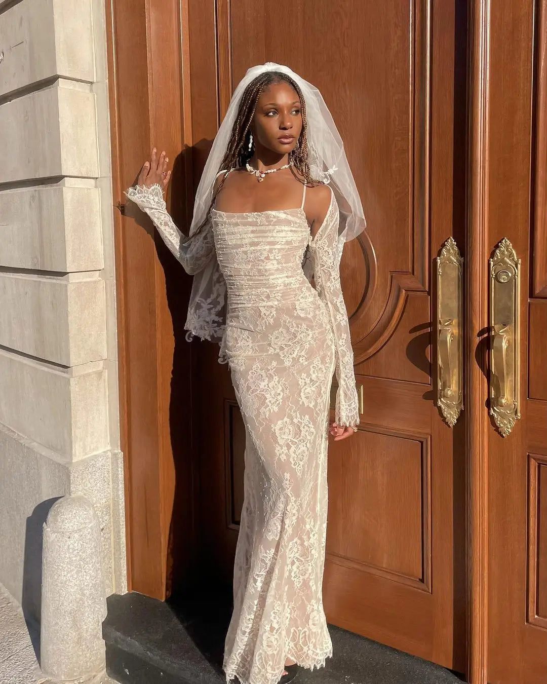 Lace Hollow Out Long Sleeve Two Piece Set