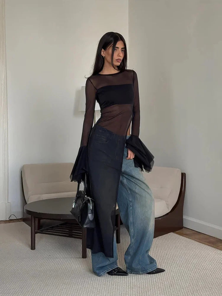 Claic Unique Super Long Top Meh Sheer Full Ruffle Sleeve Split O-neck T-hirt Wild Tee
