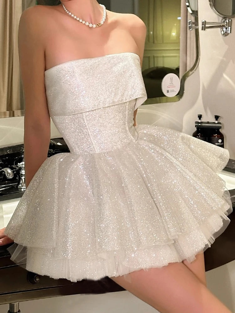 Strapless Shiny Dress White Backless A-line Dress Slim
