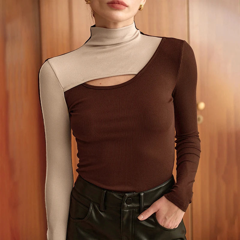 Colliion Top Half- Neck Hollow Out Yankee Wait Retro Bottoming Top T-Shirt
