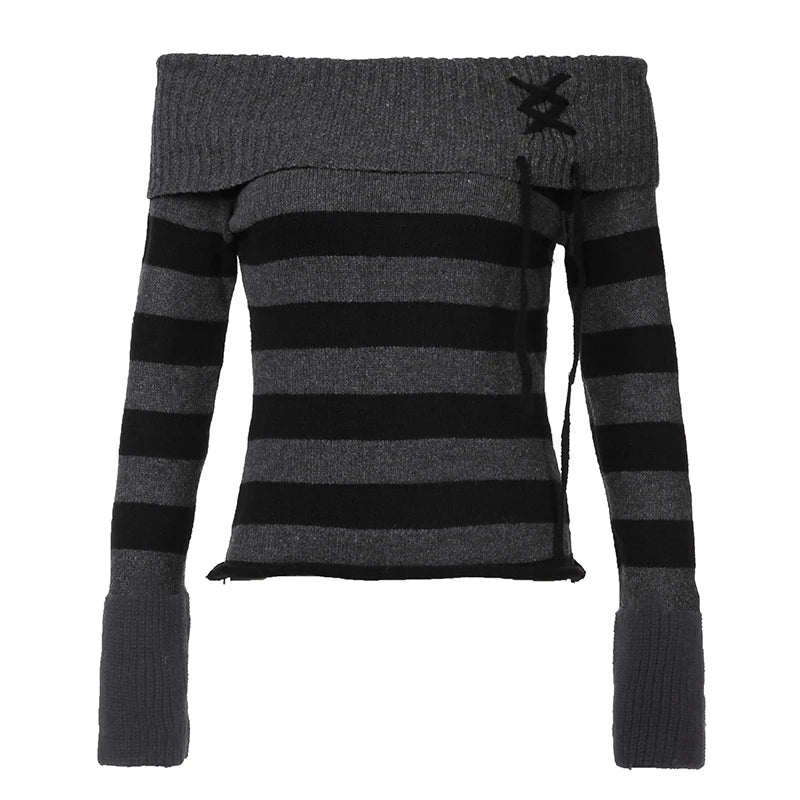Slash Neck Striped Knitted Sweaters Patchwork Pullovers HArajuku Grunge 's Top