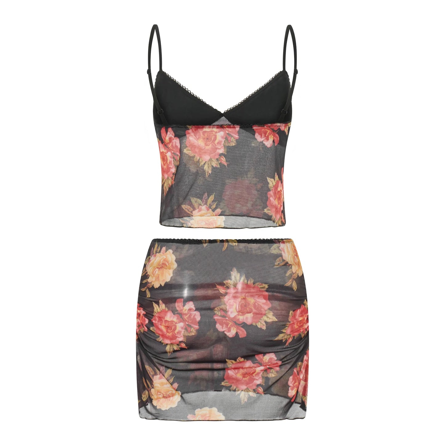 Sleeveless V Neck Low Cut Cami Top Elastic Waist Flower Print Mini Skirt 2 Piece