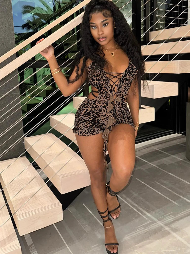 Romper Flocking Leopard Print Backless v-Neck Tassel Coquette Thin Workout Playsuits