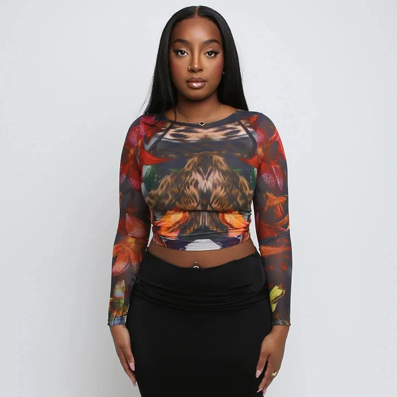Retro Round Neck Long Sleeve Slim Pullover Top