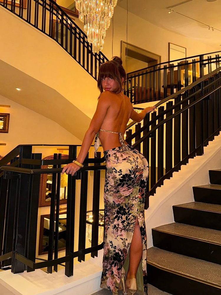 Foliage Print 2 Piece Set Halter Backless Camisole Back Split Maxi Skirts Matching