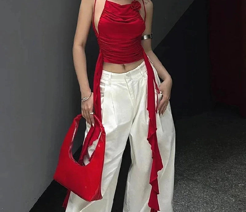 Off Shoulder Crop Top 3d Floral Sleeveless Applique Vest Ruffle Halter Top