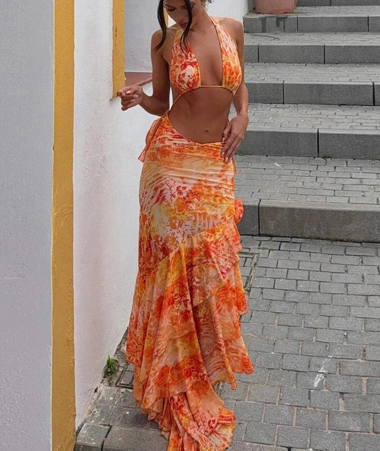 Orange Ruched Ruffles Two Piece Set